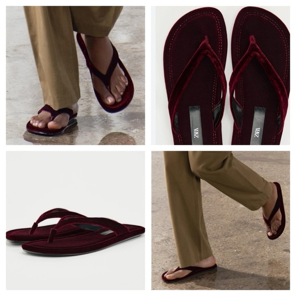 Zara  Velvet Flip Flops Burgundy size 35 US 5 - Picture 1 of 9